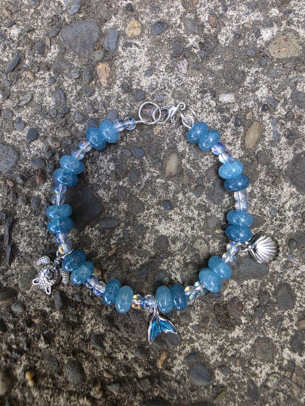 Aquamarine Crackle Chalcedony & Iridescent Glass Ocean Charm Bracelet